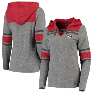 Antigua Kansas City Chiefs Women’s Heathered Charcoal Wrestle Hooded V-Neck Pullover Top